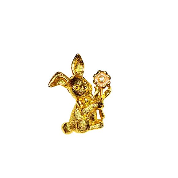 Gold Tone Bunny Rabbit Lapel Pin Holding Flower Vintage Brooch Cute Easter Gift - Picture 2 of 14